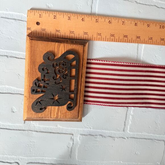 Christmas Holiday Card Holder Brown Sleigh Wooden Topper Red Striped Ribbon - Picture 5 of 7